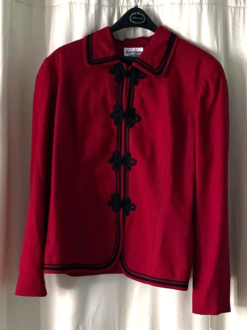 Vintage Stephanie Queller Red Rayon Jacket Black Frog Closures USA Size 18 NWT